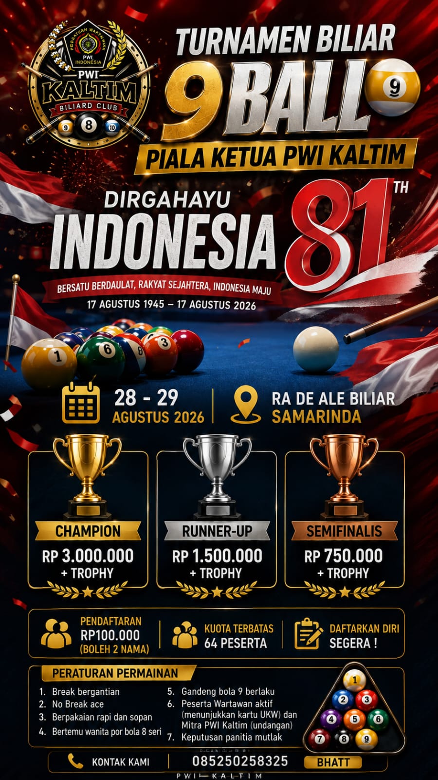 Semarak HUT ke-81 RI, PWI Kaltim Gelar Turnamen Biliar 9 Ball